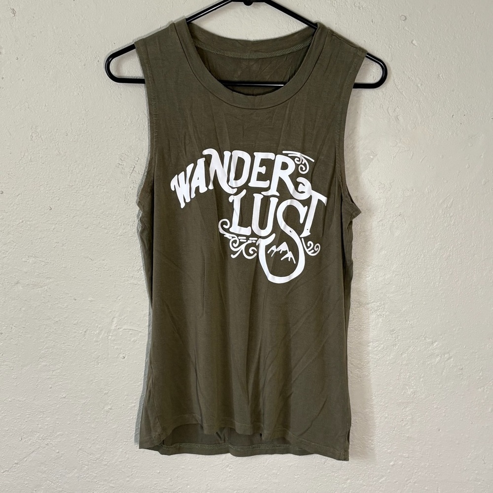 Wanderlust Olive Green Tank Top with women’s size‎ small